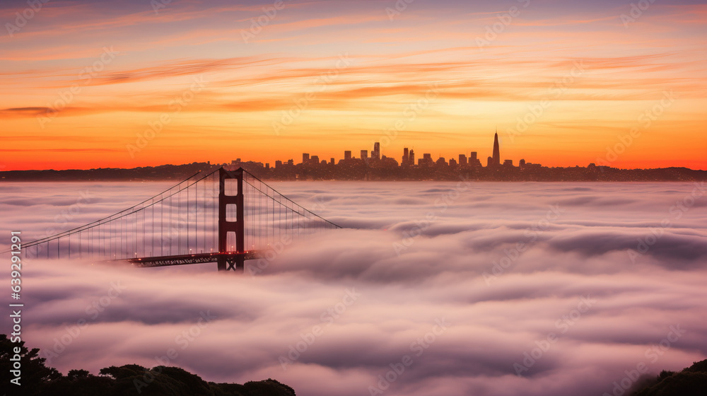 Wall mural sunset in the mountains, low clouds over the bridge created with Generative AI technology