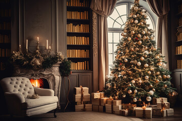 Beautiful holiday decorated room with Christmas tree with presents under it, Merry Christmas...