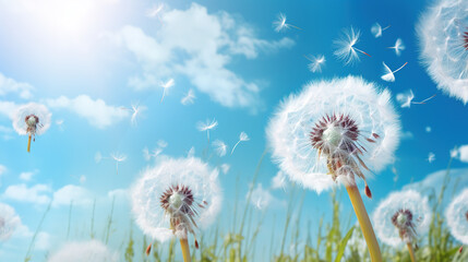 Beautiful puffy dandelions and flying seeds against blue sky on sunny day, sunny spring summer background