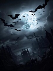 Halloween night - Spooky Moon in cloudy sky with bats - contain 3d illustration , AI generator