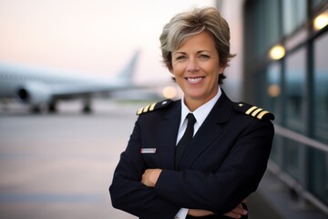 Portrait of a smiling female pilot standing with arms crossed in airport - obrazy, fototapety, plakaty
