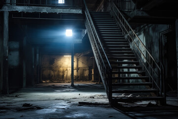empty basement in abandoned old industrial building with little light and a wooden stairs - Powered by Adobe
