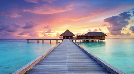 Obraz premium Sunset on Maldives island, luxury water villas resort and wooden pier. Beautiful sky and clouds and beach background for summer vacation holiday and travel concept
