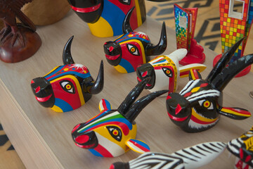 Galapa, Colombia - January 4 2023: Animals mask carved in wood and painted with commemorative...