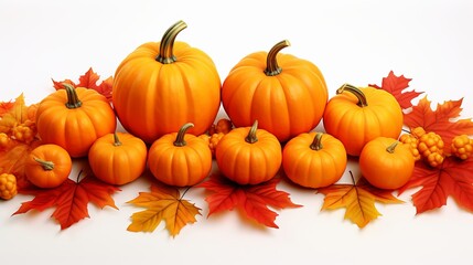 Pumpkins with fall leaves over white background.