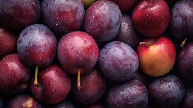 Realistic photo of a bunch of plums. top view fruit scenery