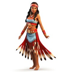 Indigenous woman in traditional clothes costume on white background. Cartoon 3d style clipart of tribal native america people. 