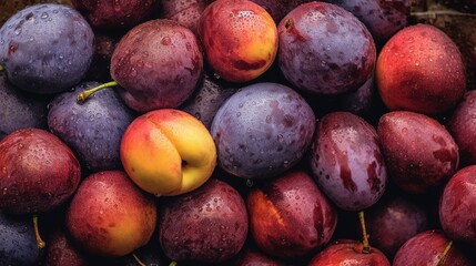 Realistic photo of a bunch of plums. top view fruit scenery