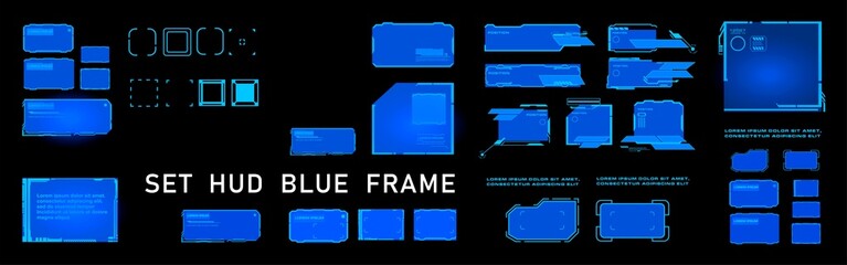 Set blue HUD frames. HUD user interface elements on black background. Futuristic interface with frames and dialog boxes. Set of modern vector neon frames