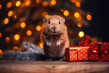 baby rodent beaver with christmas gift box on blurred christmas tree lights background - obrazy, fototapety, plakaty