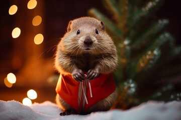 baby rodent beaver with christmas gift box on blurred christmas tree lights background