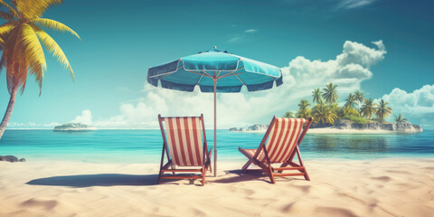 Vacation holidays background wallpaper, two beach lounge chairs under tent on beach. Beach chairs, umbrella and palms on the beach. Tropical Holiday Banner - obrazy, fototapety, plakaty
