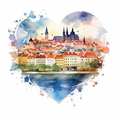 Watercolor landscape of Prague, capital city of Czech republic inside heart.