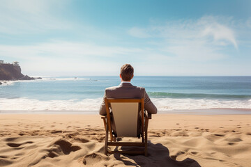 Businessman in suit sitting on the sand on the beach looking at the sea. Back to work and end of summer vacation concept