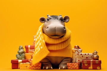 cute baby hippo with christmas gift boxes on yellow background - obrazy, fototapety, plakaty