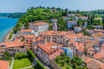 Fototapeta na wymiar A view west from the cathedral tower in the town of Piran, Slovenia in summertime