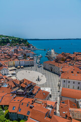 A view down over the Central Square from the cathedral tower in the town of Piran, Slovenia in...