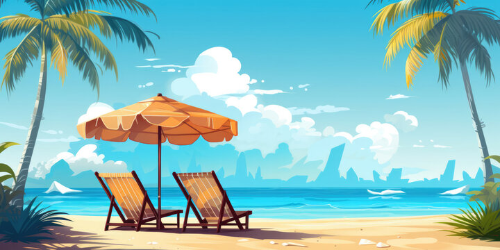 Vacation holidays background wallpaper, two beach lounge chairs under tent on beach. Beach chairs, umbrella and palms on the beach. Tropical Holiday Banner