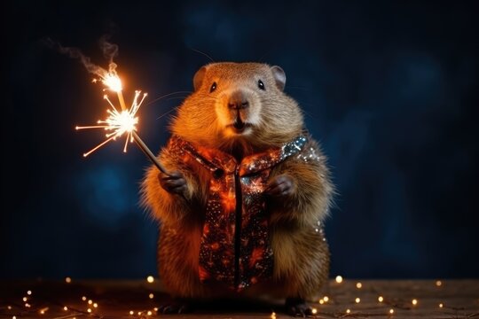 rodent groundhog holding sparkler on blue background