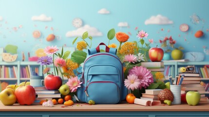 Fototapeta na wymiar Modern digital banner: back to school with school subjects: pencil, school bag, rules, in cute style, blue color on blue background.