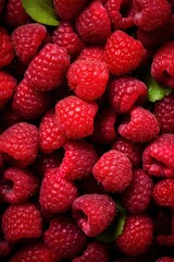 Realistic photo of a bunch of raspberries. top view fruit scenery