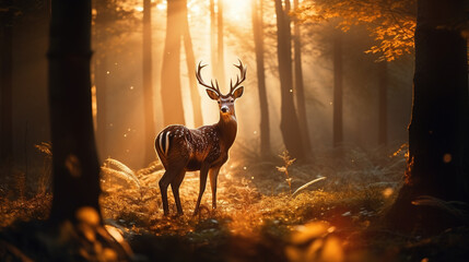 Young beautiful deer in a sunrise and misty forest. Natural woodland dawn landscape. Dark shadows and golden morning sun background summer nature beauty