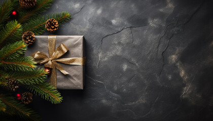 Christmas decorations , pine leaves and Gifts box , topview , AI generated