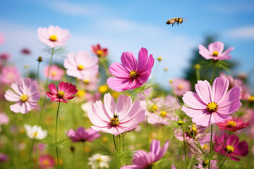Multicolored cosmos flowers in meadow in spring summer nature . Selective soft focus on Flying Bumblebee landing to flower. Wildlife scene from nature