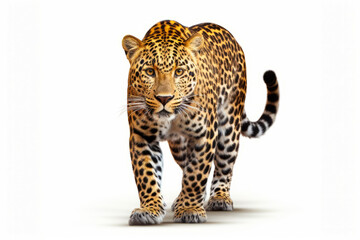 Leopard is walking on white background with shadow of its head.