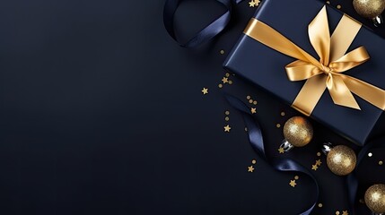 One gift wrapped in dark paper with luxury bow on dark background with stars Christmas banner
