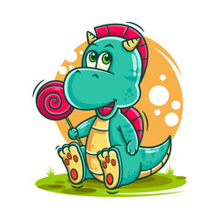 cute blue dinosaur cartoon holding candy vector illustration
