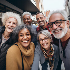 Group of diverse and carefree senior friends having a good time in a city. Smiling senior people looking at camera