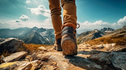 Hiker's POV: Trail Boots & The Adventure Ahead, generative Ai - obrazy, fototapety, plakaty