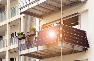 Solar Panel on Balcony Flat or Apartment Building. Solar Modern Balcony with Sun Light Reflection...