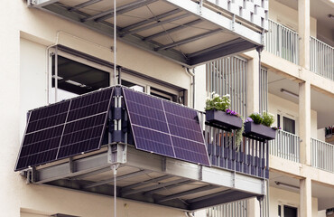 Solar Panel Balcony Building. Modern Balcony with Solar Power Energy System of Modern Facade...