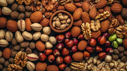 Foto op Canvas Realistic photo of different kind of nuts. top view nuts scenery © Intania