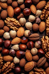 Realistic photo of different kind of nuts. top view nuts scenery