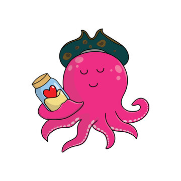 cute octopus with jar of heart Mascot Character Vector illustration color children cartoon