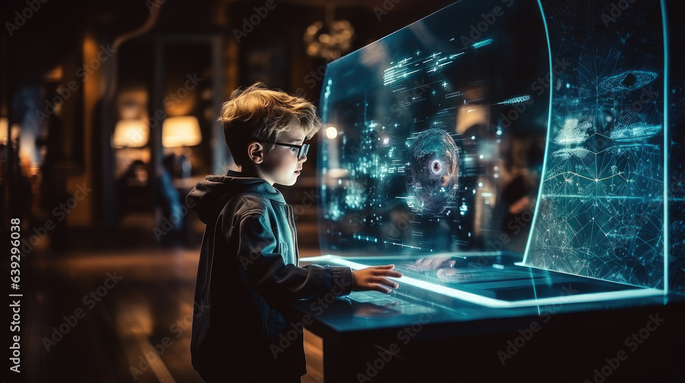Wall mural generative ai, the child looks at the holographic transparent 3d screen of the future, the boy is a 