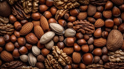 Realistic photo of different kind of nuts. top view nuts scenery - obrazy, fototapety, plakaty