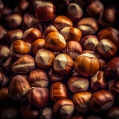 Realistic photo of a bunch of hazelnuts. top view nuts scenery