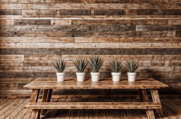 Rustic Comfort: A Realistic Wooden Bench with Potted Plants Creates Cozy Ambiance