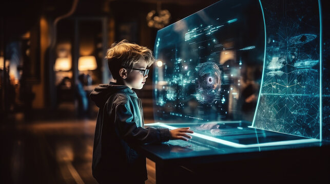 Generative AI, the child looks at the holographic transparent 3D screen of the future, the boy is a programmer in virtual reality, artificial intelligence, computer technology, neon, space for text