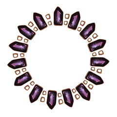 Amethyst and gold chains, jewelry setting. Necklace. Watercolor isolated illustration on white background. Round template for gift certificate, advertising, invitation, postcard, social media post
