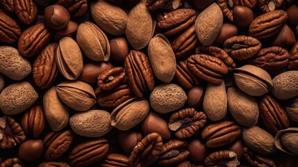Realistic photo of a bunch of pecans. top view nuts scenery - obrazy, fototapety, plakaty