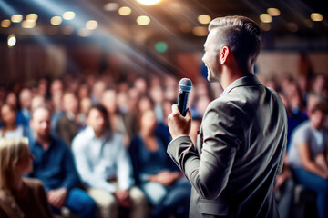 Motivational speaker with microphone performing on stage, in background people sitting in hal.  - obrazy, fototapety, plakaty