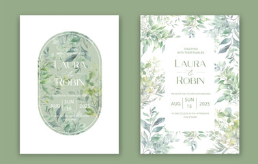 Green watercolor botanical leaves Wedding Invitation Card Design, Colorful Spring Floral Invitation Card.