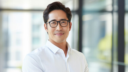 Handsome 45 years old gentle Korean man, wearing glasses, formal slick hairstyle, smooth beardless face in a modern office building, wearing white shirt, beside a huge window