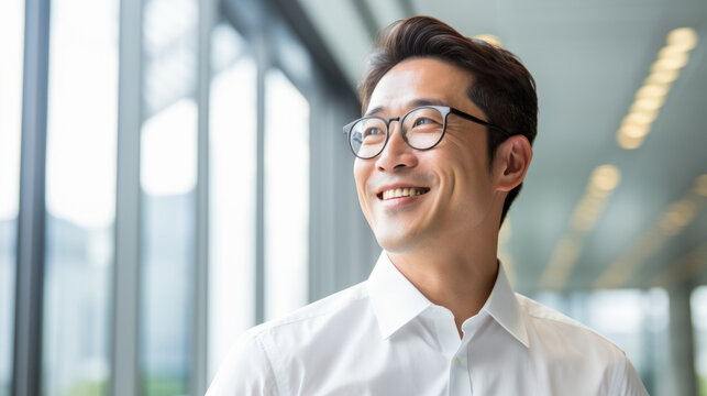 Handsome 45 years old gentle Korean man, wearing glasses, formal slick hairstyle, smooth beardless face in a modern office building, wearing white shirt, beside a huge window