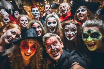 Selfie of group of people of different ages looking into camera, people make funny faces, people dressed in halloween costumes and make-up, halloween concept image